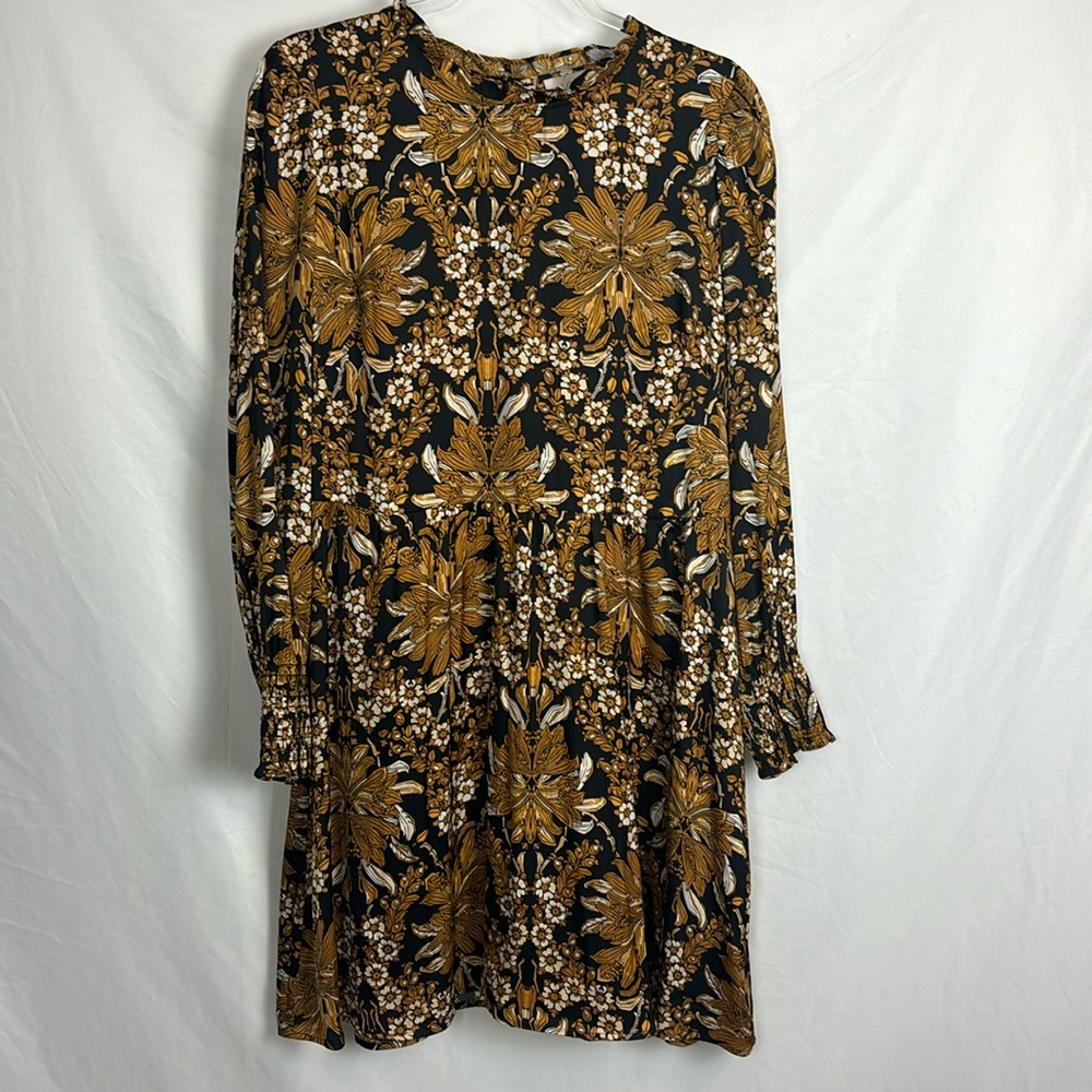 LOFT Black and Gold Floral Midi Dress